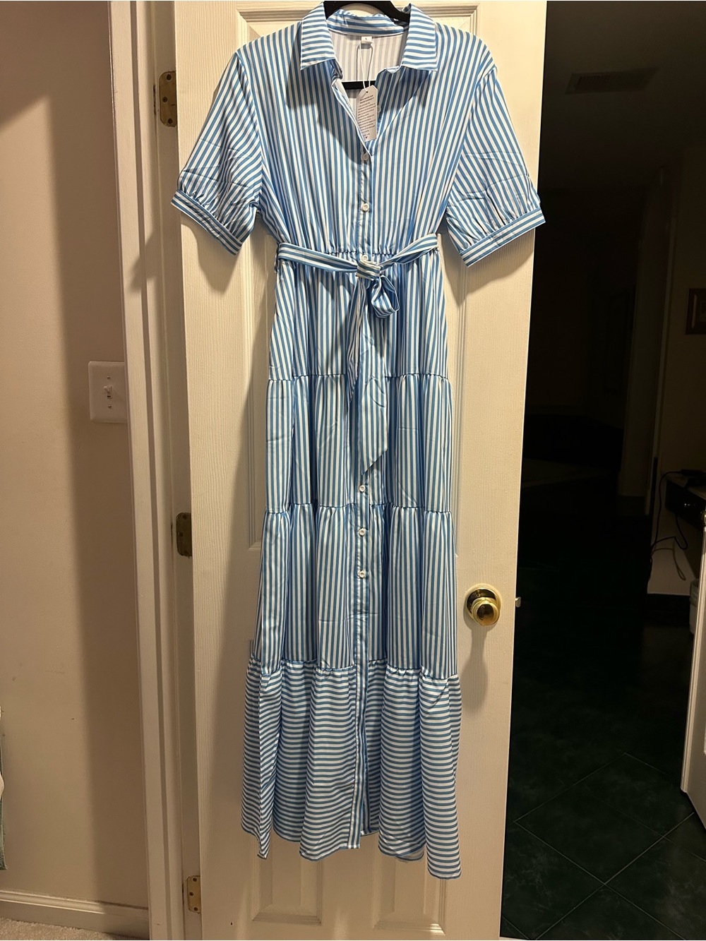 Striped Blue Maxi Shirt Dress with Tie Waist